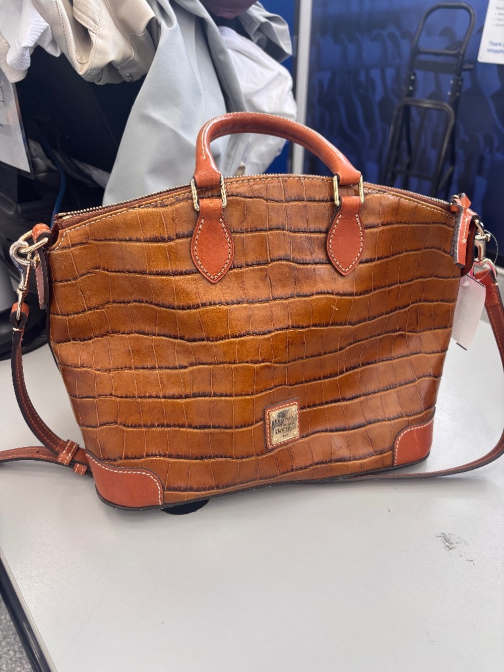 Dooney & Bourke Croc Embossed Leather Domed Satchel Cognac Brown Crossbody